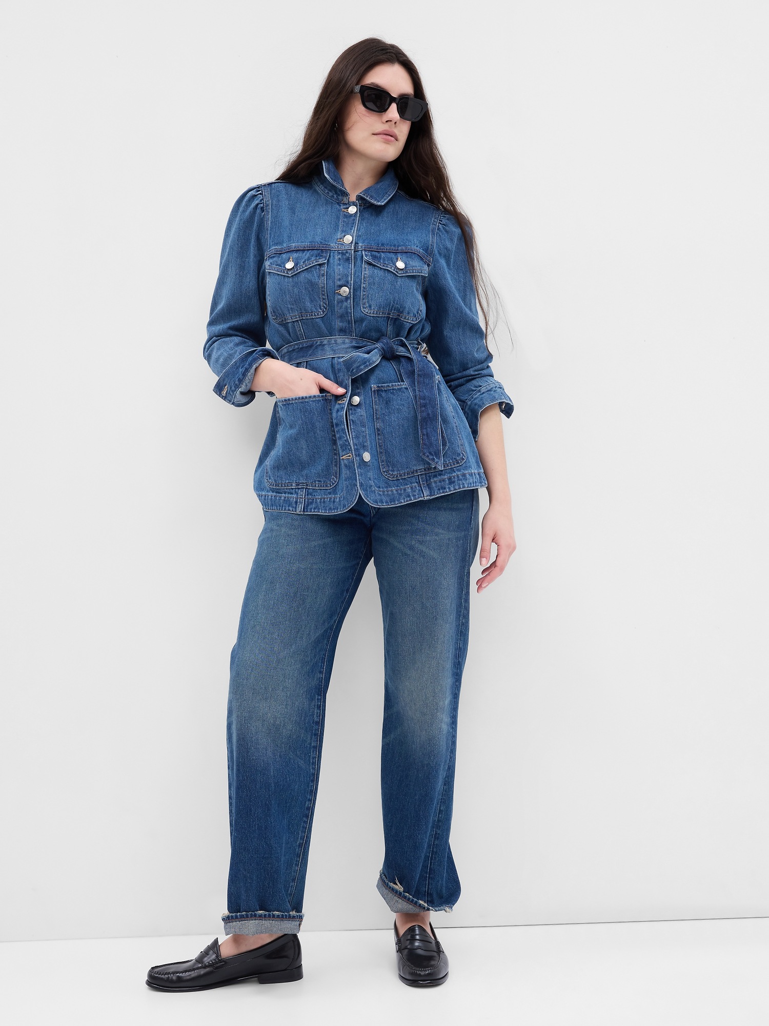 Belted Puff Sleeve Denim Jacket With Washwell Gap Factory