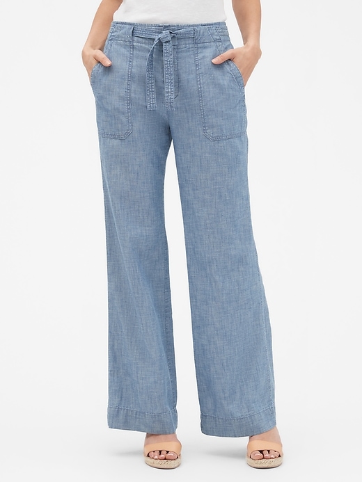 Image number 1 showing, Mid Rise Wide-Leg Chambray Pants