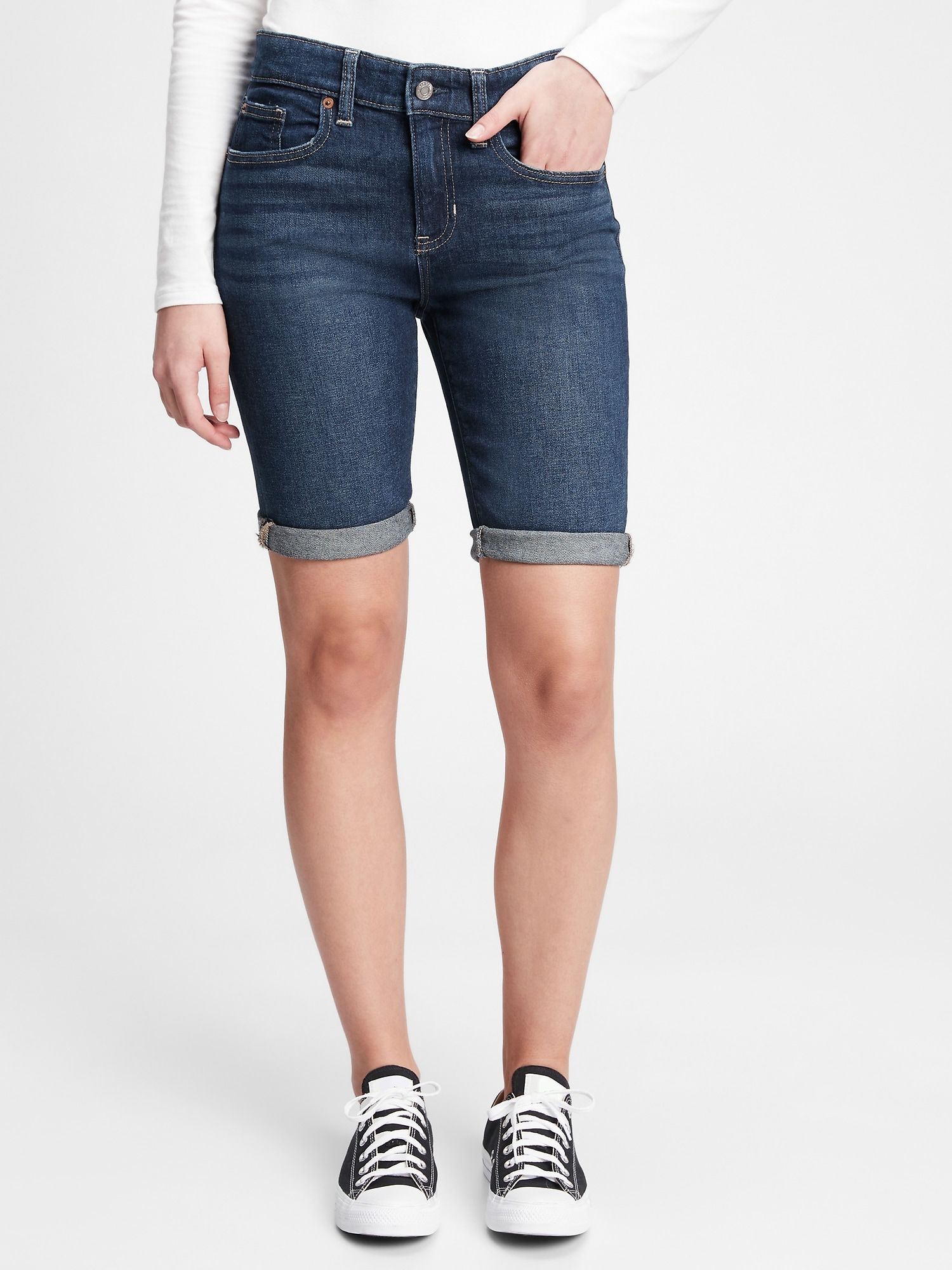 mid rise stretch denim shorts