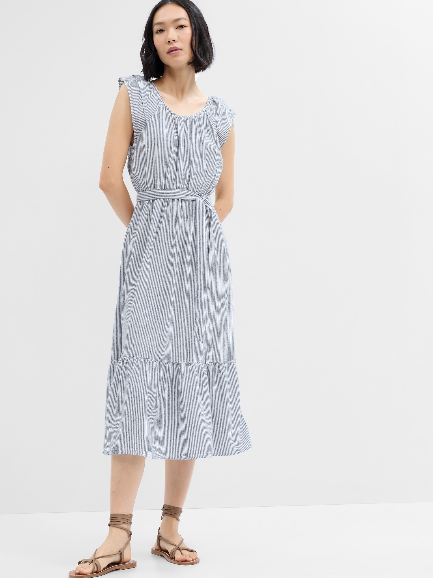 Linen Flutter Sleeve Midi Dress | Gap Factory