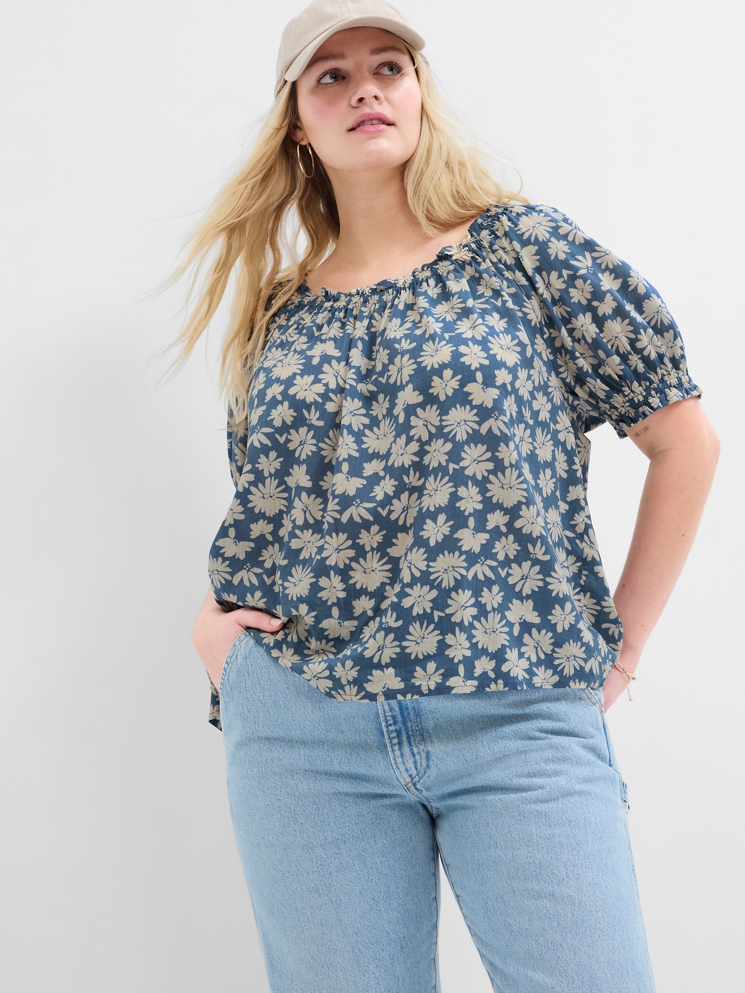 Relaxed Print Boatneck Puff Sleeve Top