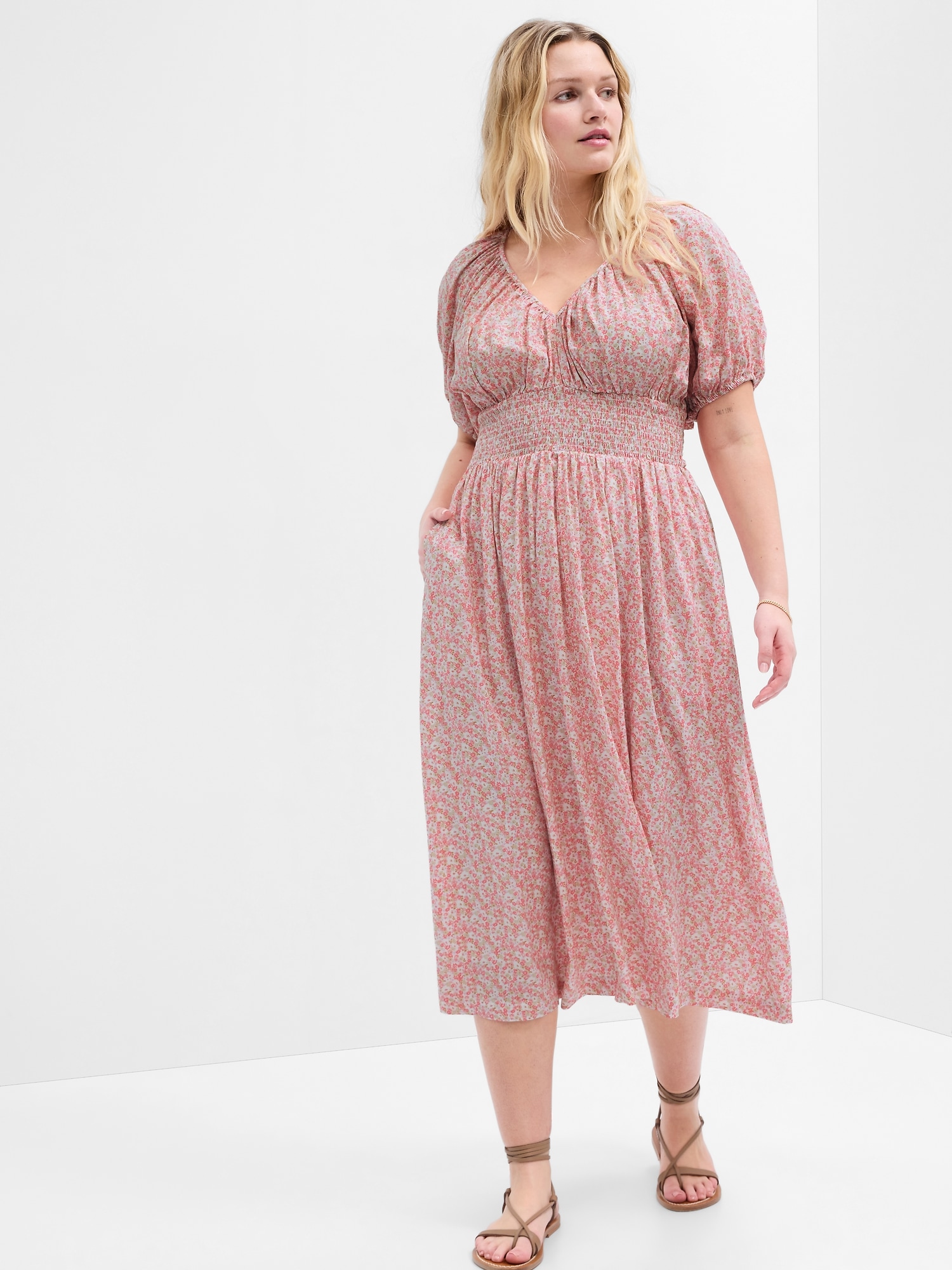 Smocked Puff Sleeve Midi Dress | Gap Factory