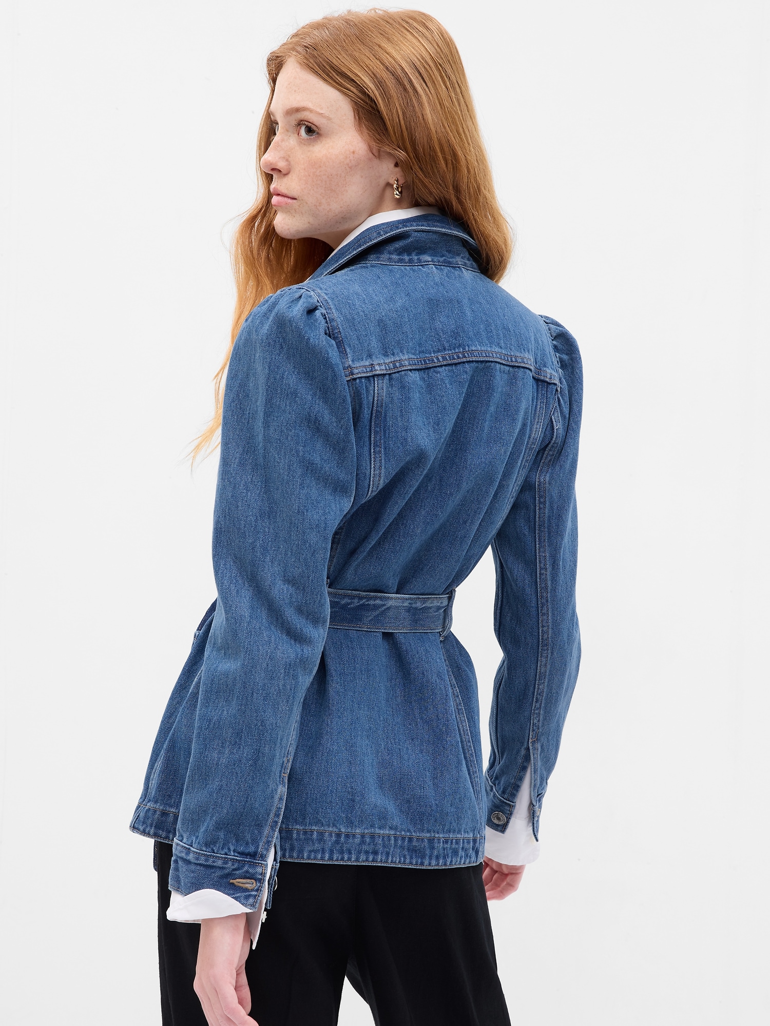 Belted Puff Sleeve Denim Jacket With Washwell Gap Factory
