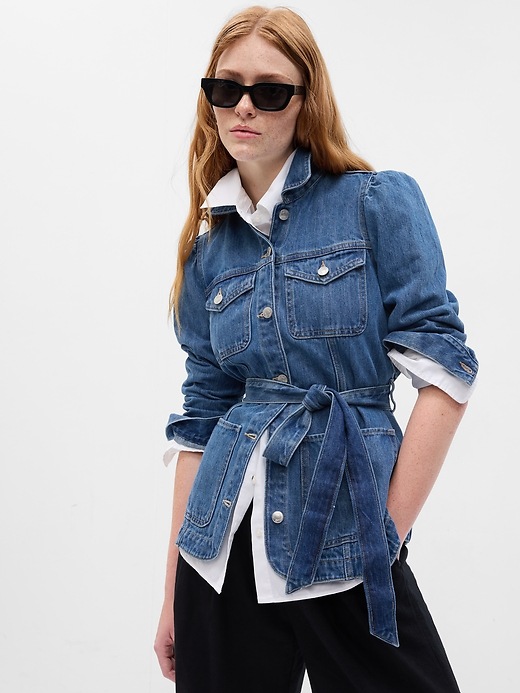 Belted Puff Sleeve Denim Jacket with Washwell | Gap Factory