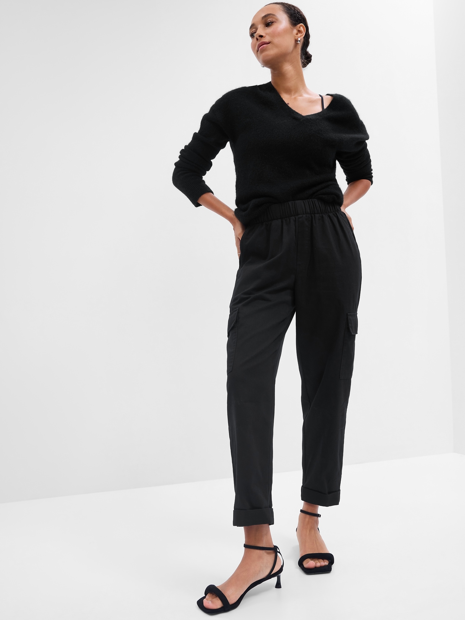 High waist trousers in heavy cotton twill - black