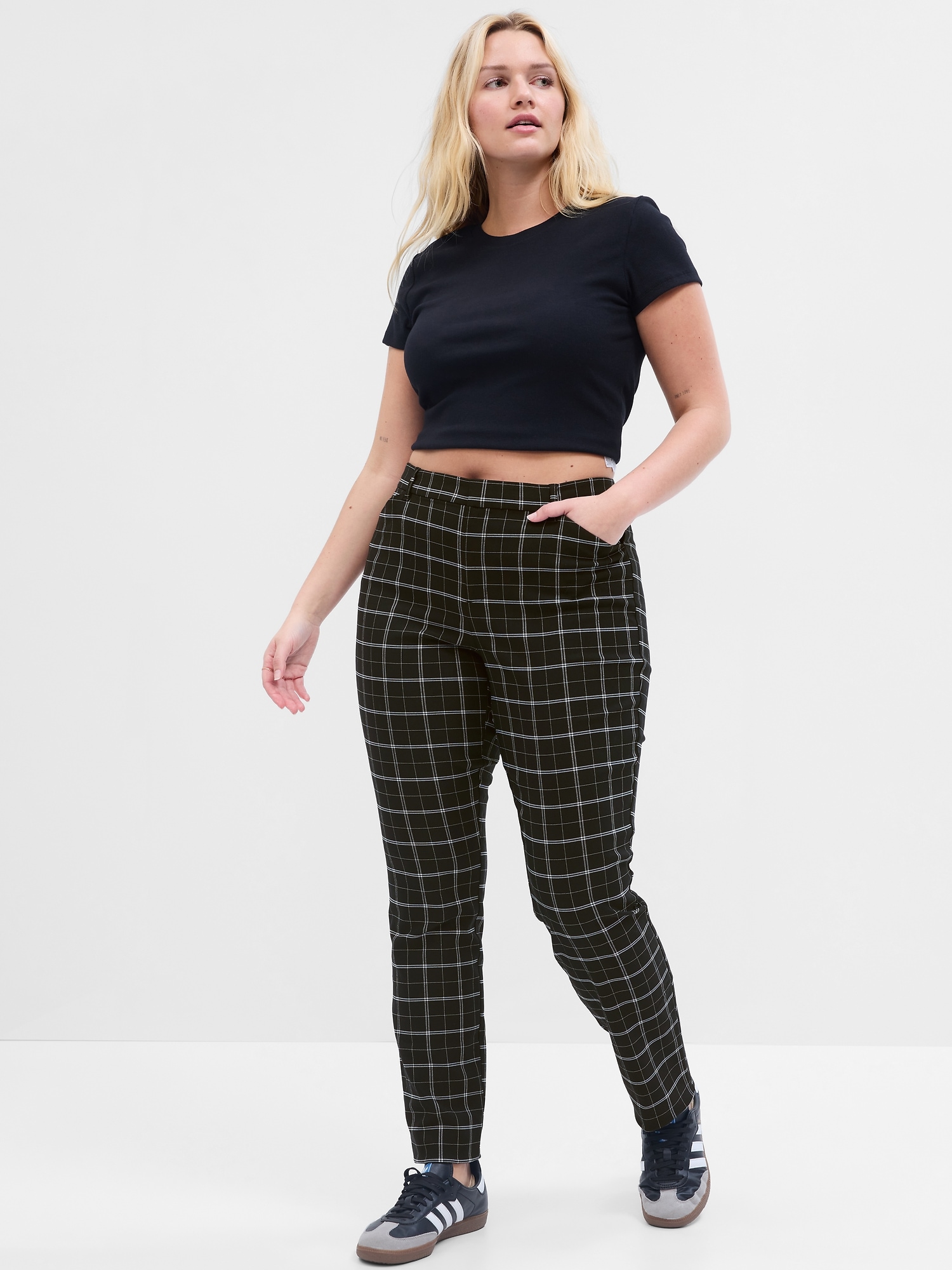 Buy the Womens Black White Check Print Slim Fit Pull-on Ankle Pants Size 14