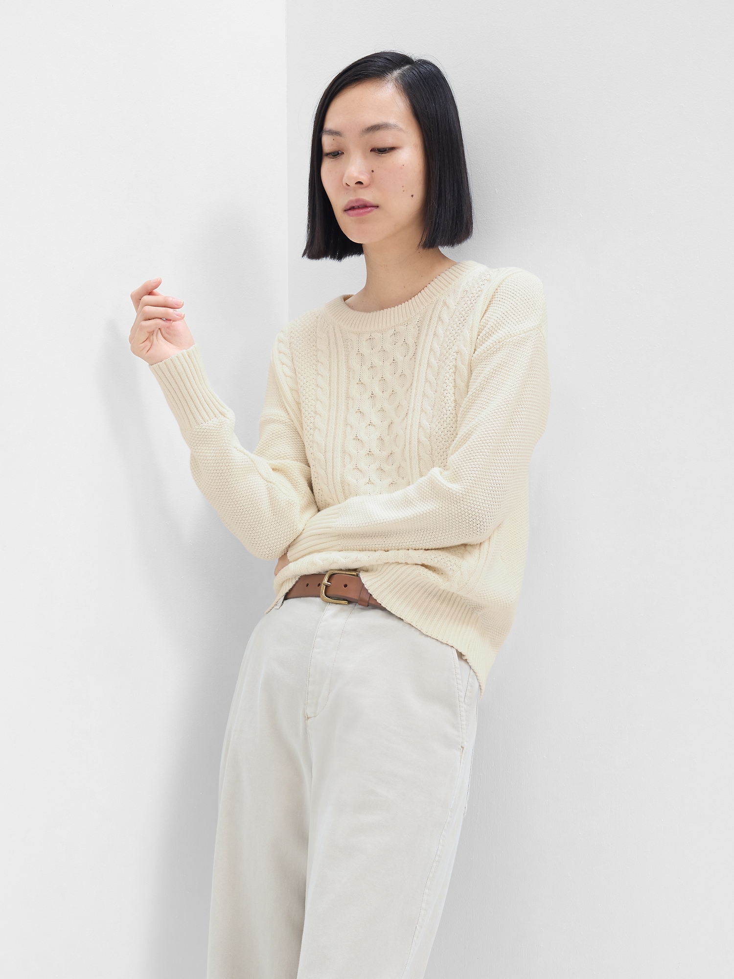 Cotton Cable Knit Sweater Cream - Women's Sweaters