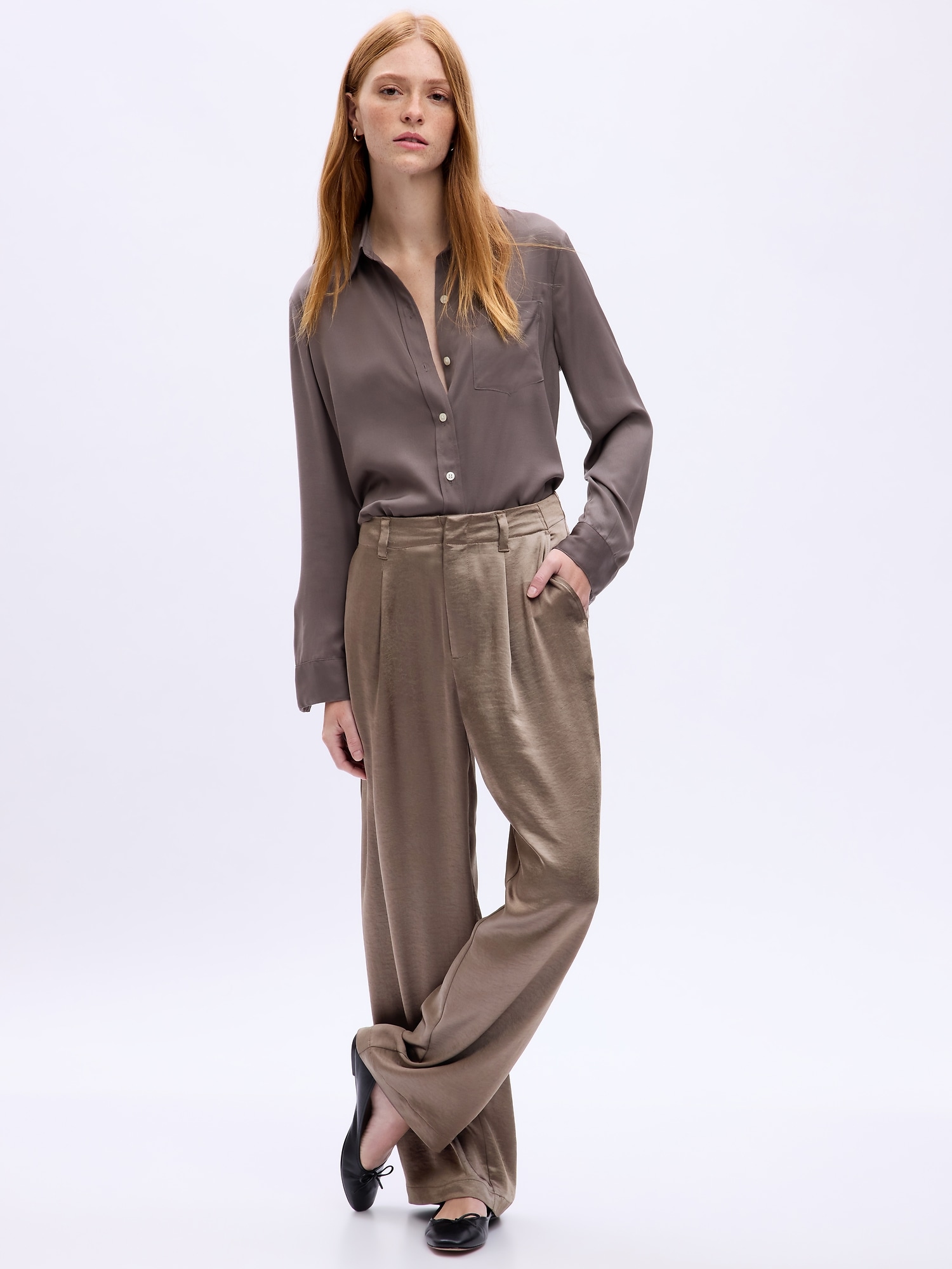 Taupe Gabardine Twill Top Pocket Flat Front with Keystone Belt Loops - 35R