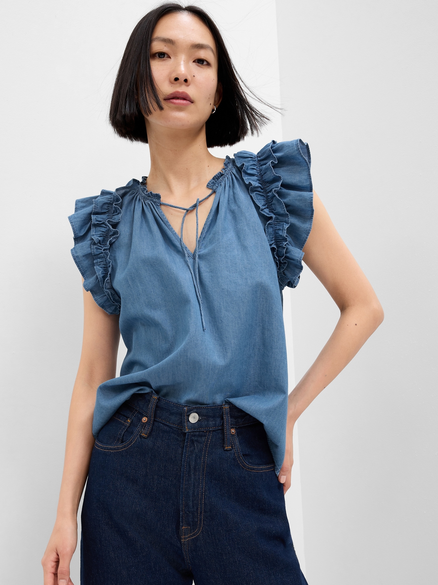 Relaxed Denim Splitneck Top