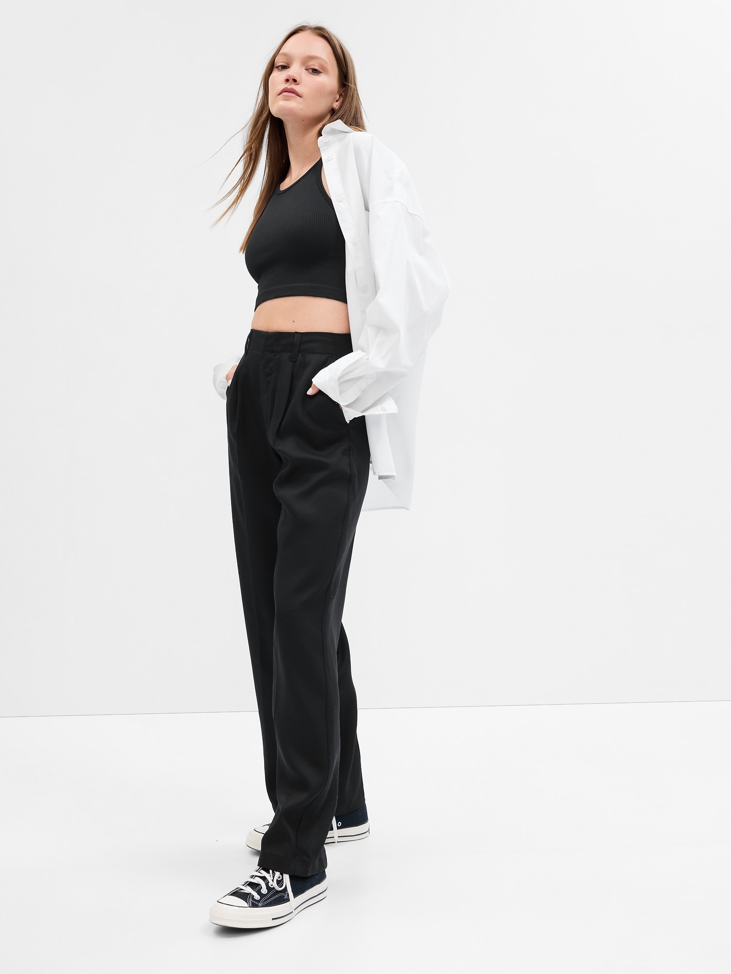 Wide linen-blend trousers - Black - Ladies | H&M IN