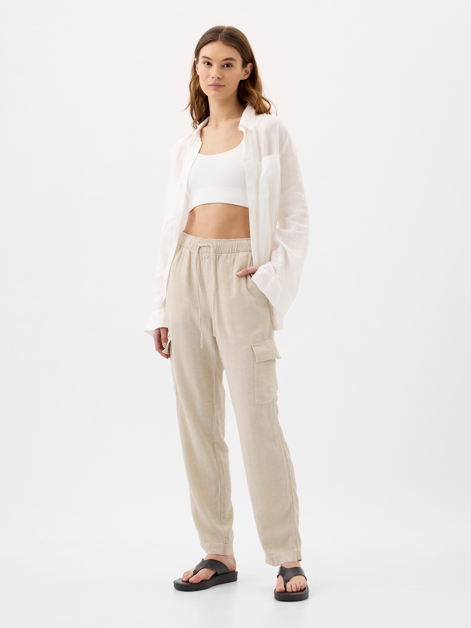 2021 Women Pants Fashion Linen Cotton Solid Elastic Waist Trousers Fe