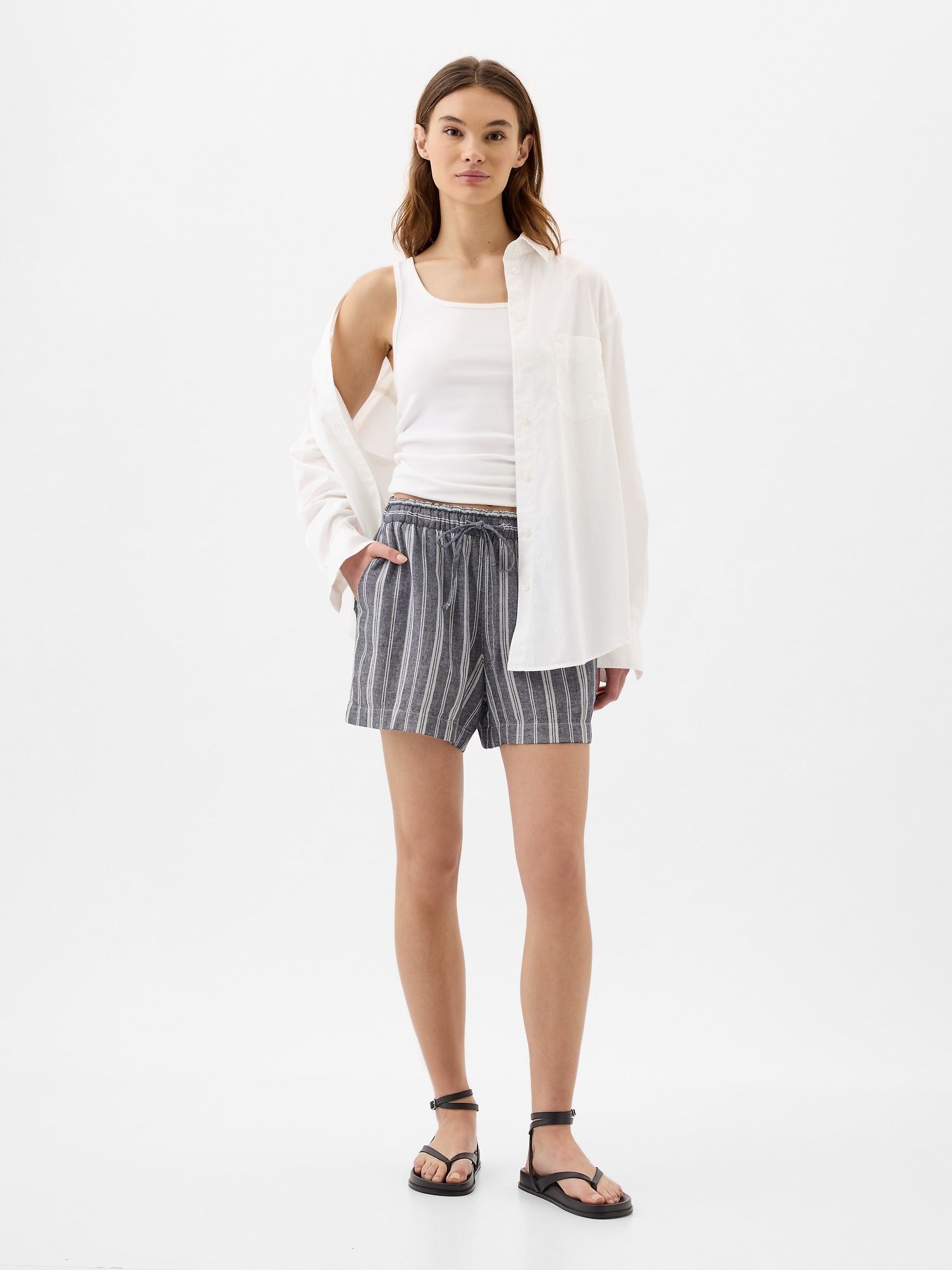 4 Mid Rise Stripe Linen-Blend Shorts