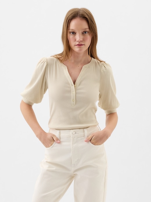 Fitted Ribbed Henley Puff Sleeve Top | Gap Factory