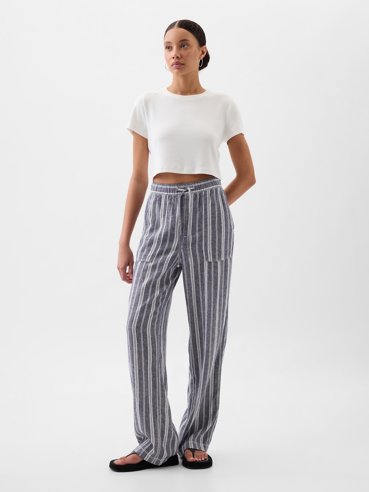 Linen-blend Pants - Light beige/striped - Ladies