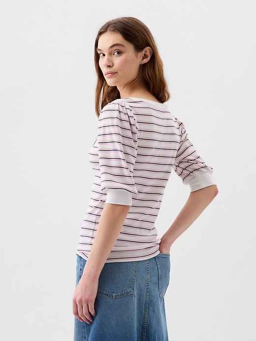 Image number 2 showing, Fitted Ribbed Stripe Henley Puff Sleeve Top