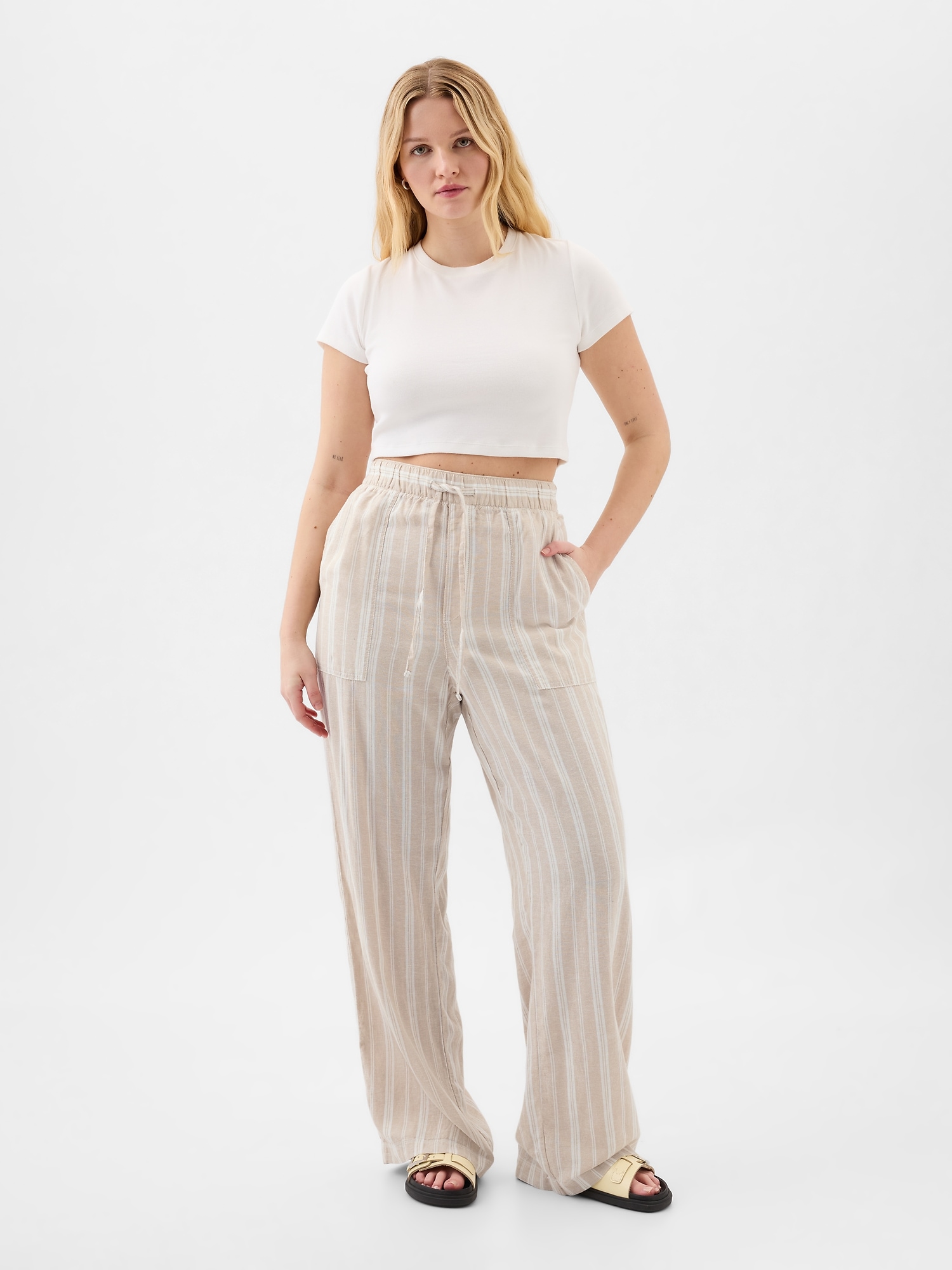 GAP Womens Wide Leg Linen Pull On Pant Chino L at  Women's