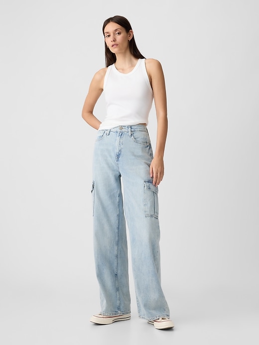 Image number 1 showing, High Rise Wide-Leg Cargo Jeans