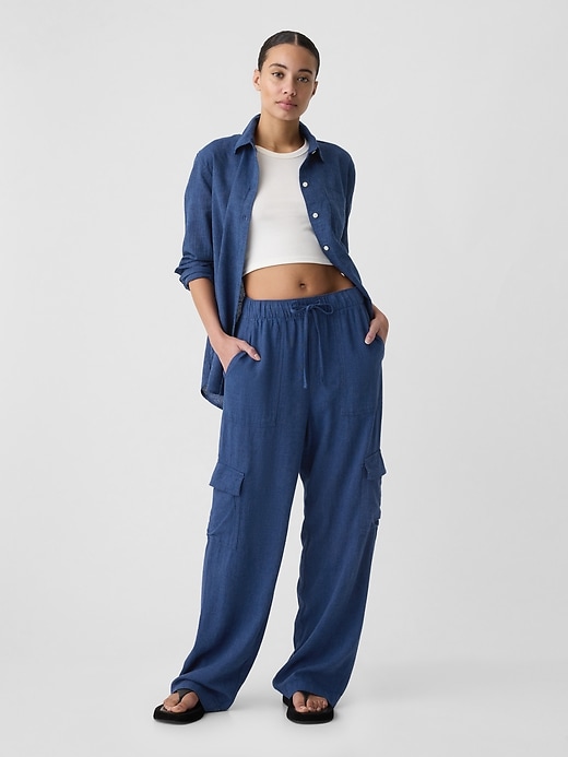 Image number 1 showing, Linen-Blend Wide-Leg Cargo Pull-On Pants