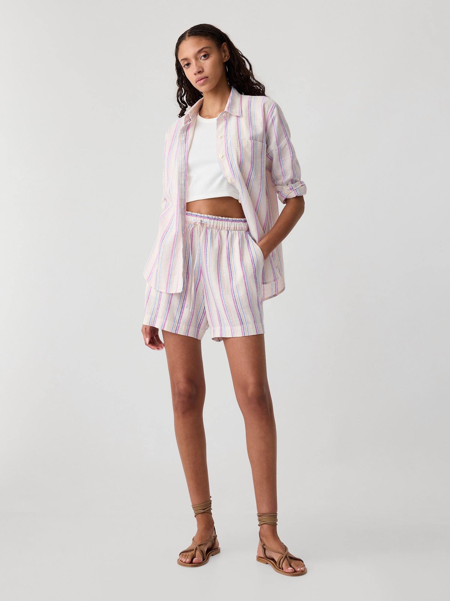 4 Mid Rise Stripe Linen-Blend Shorts