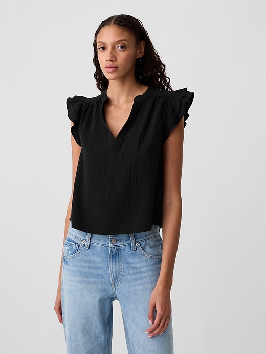 Gauze Splitneck Flutter Sleeve Top | Gap Factory