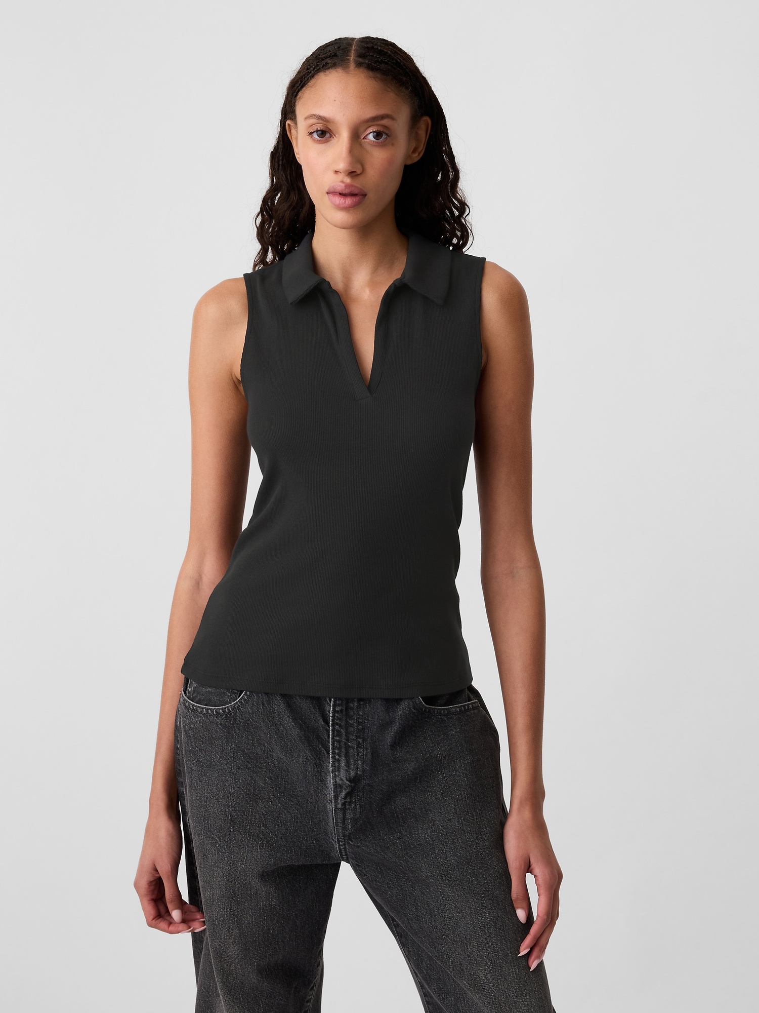 Ribbed Sleeveless Polo Shirt - Black