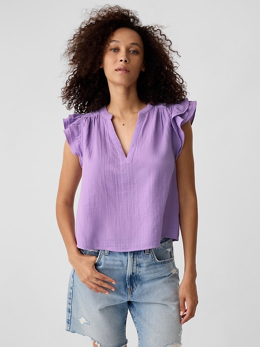 Image number 1 showing, Gauze Splitneck Flutter Sleeve Top