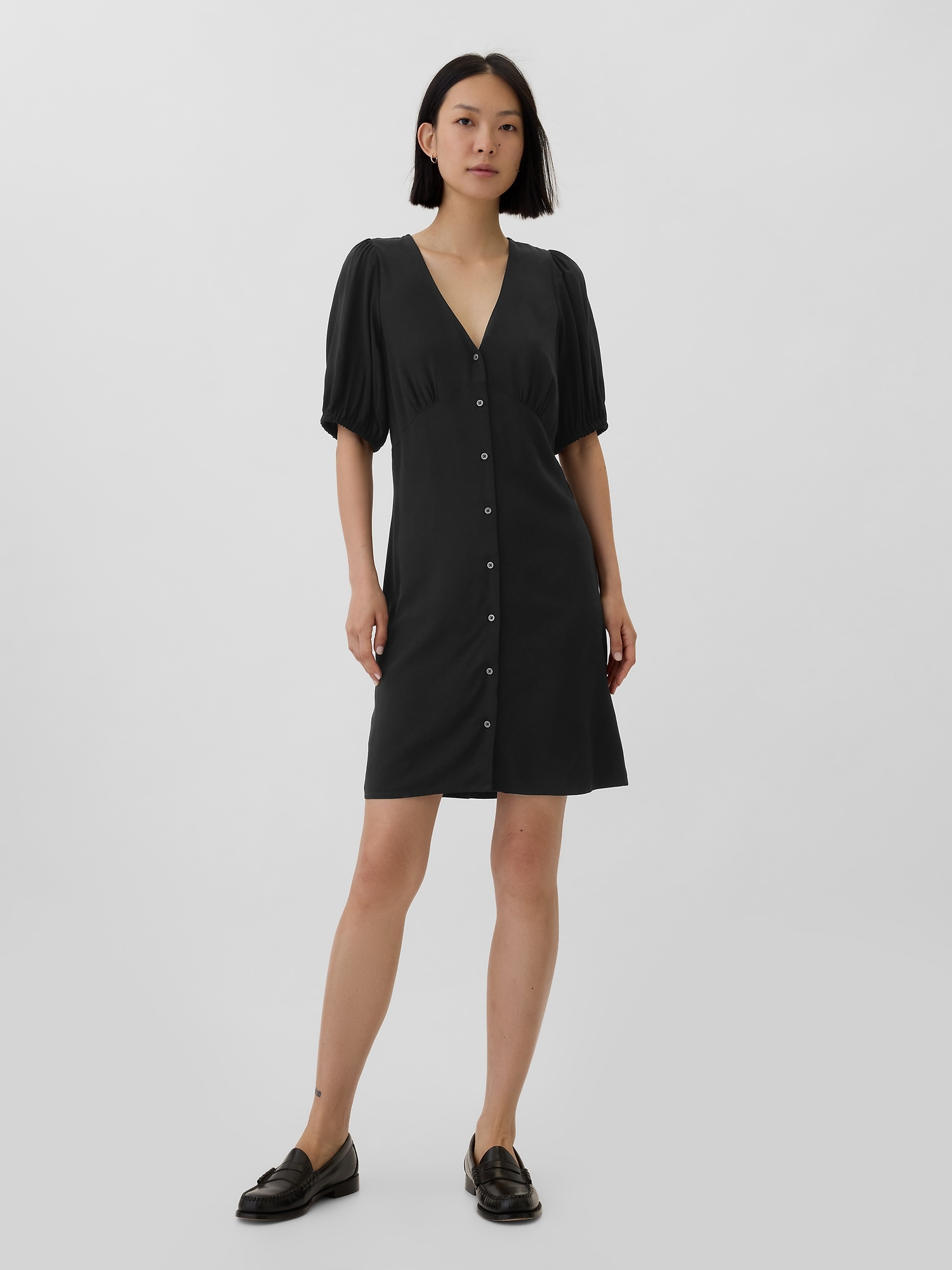 Puff Sleeve Button-Front Mini Dress