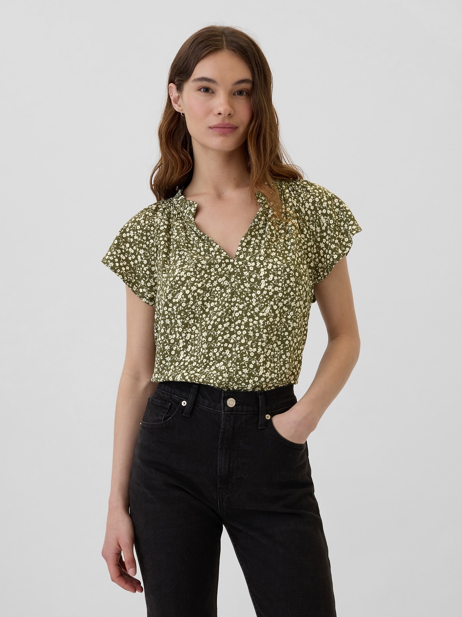 Splitneck Print Flutter Sleeve Top