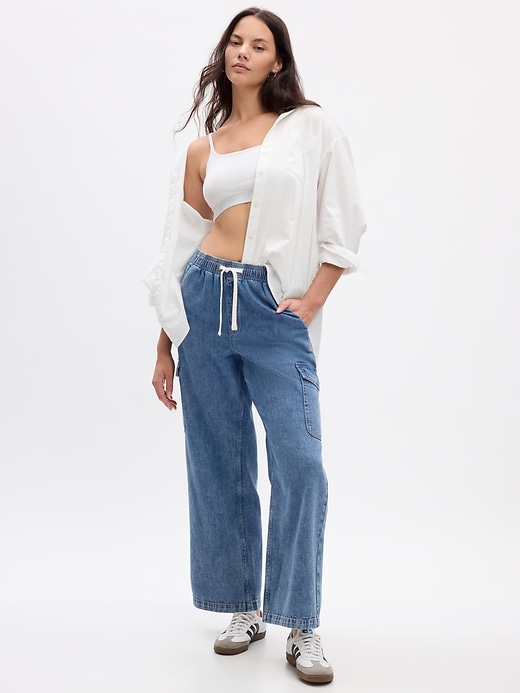 Image number 5 showing, High Rise Wide-Leg Cargo Pull-On Jeans