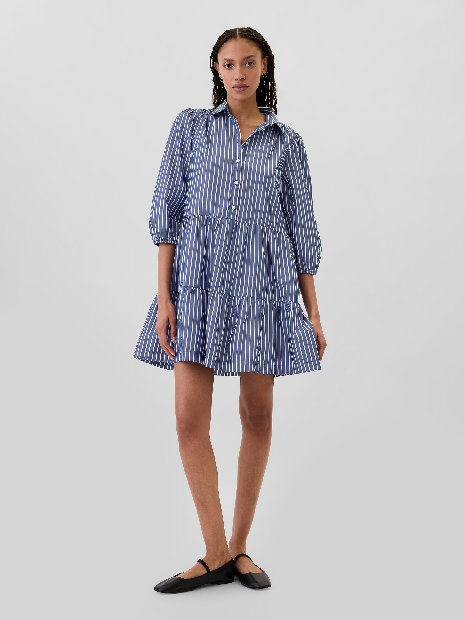 Tiered Poplin Puff Sleeve Mini Dress