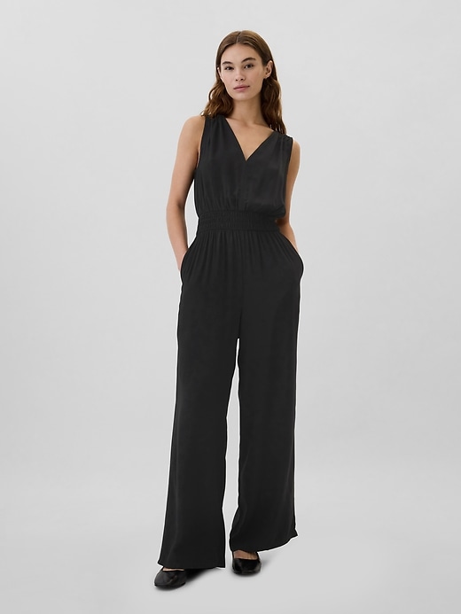 Image number 1 showing, Smocked Wide-Leg V-Neck Jumpsuit