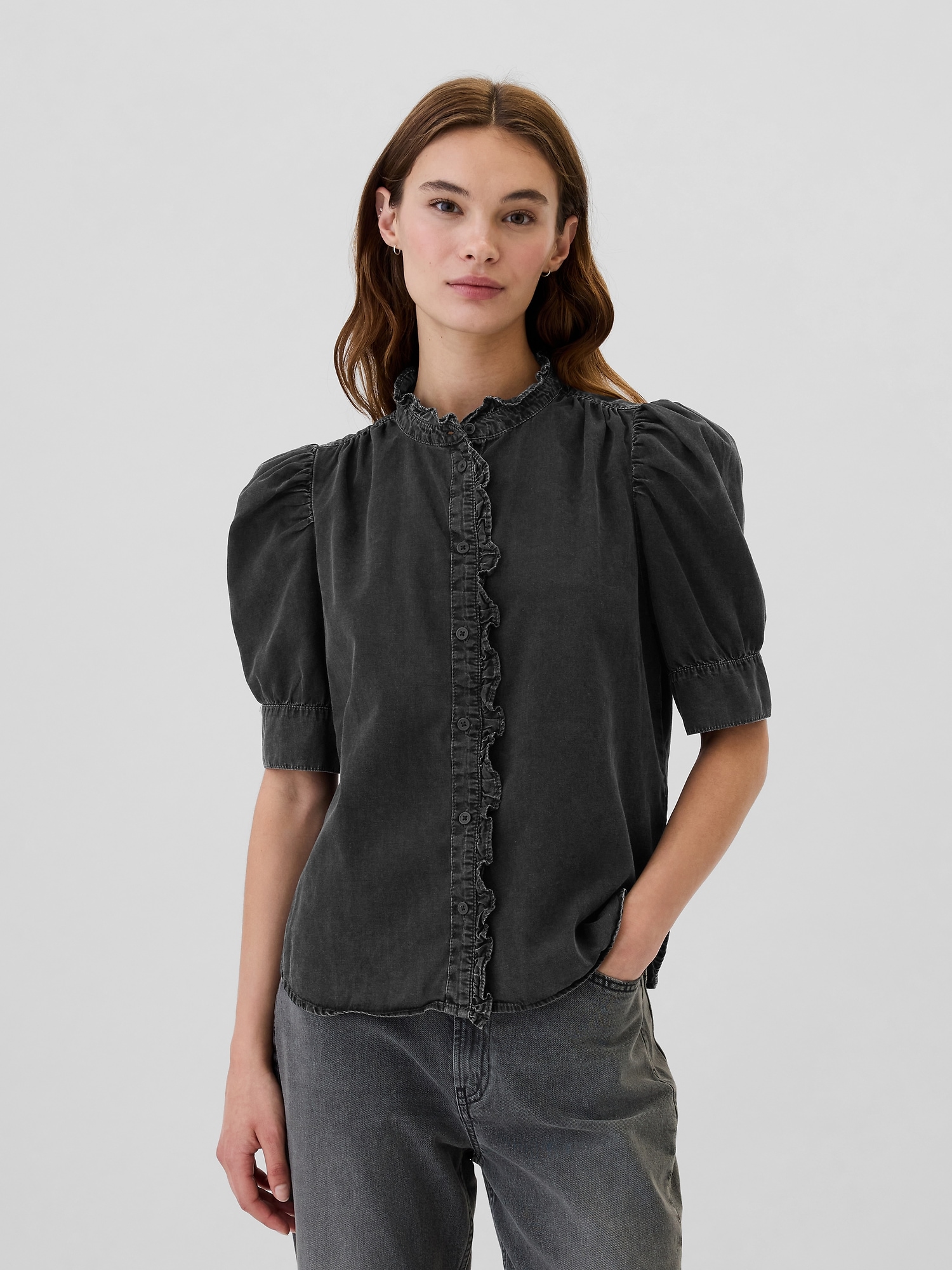 Denim Puff Sleeve Ruffle Top