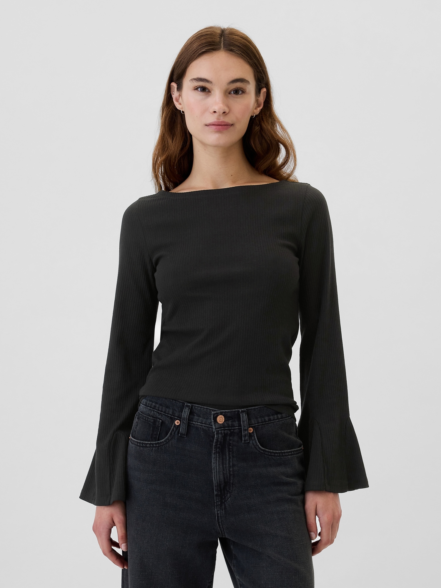 Ribbed Boatneck Bell Sleeve T-Shirt