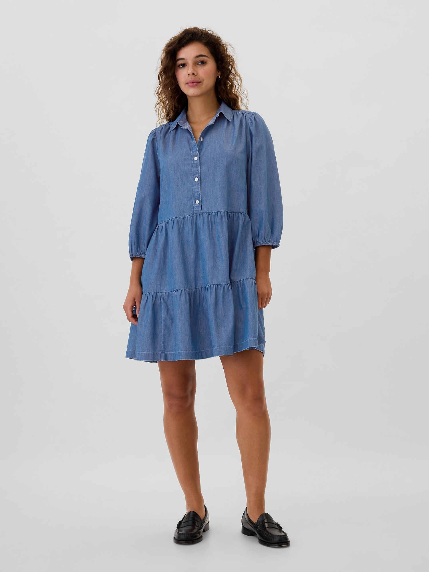 Denim Tiered Mini Shirtdress