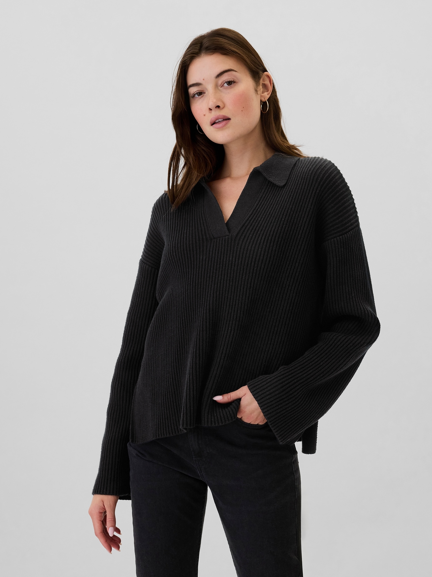 Relaxed 24/7 Split-Hem Johnny Collar Sweater