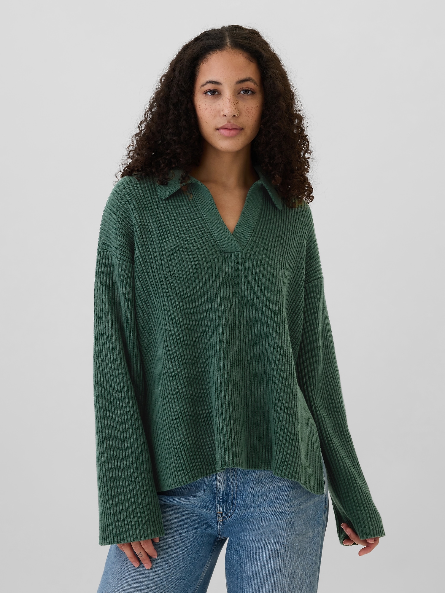 Relaxed 24/7 Split-Hem Johnny Collar Sweater