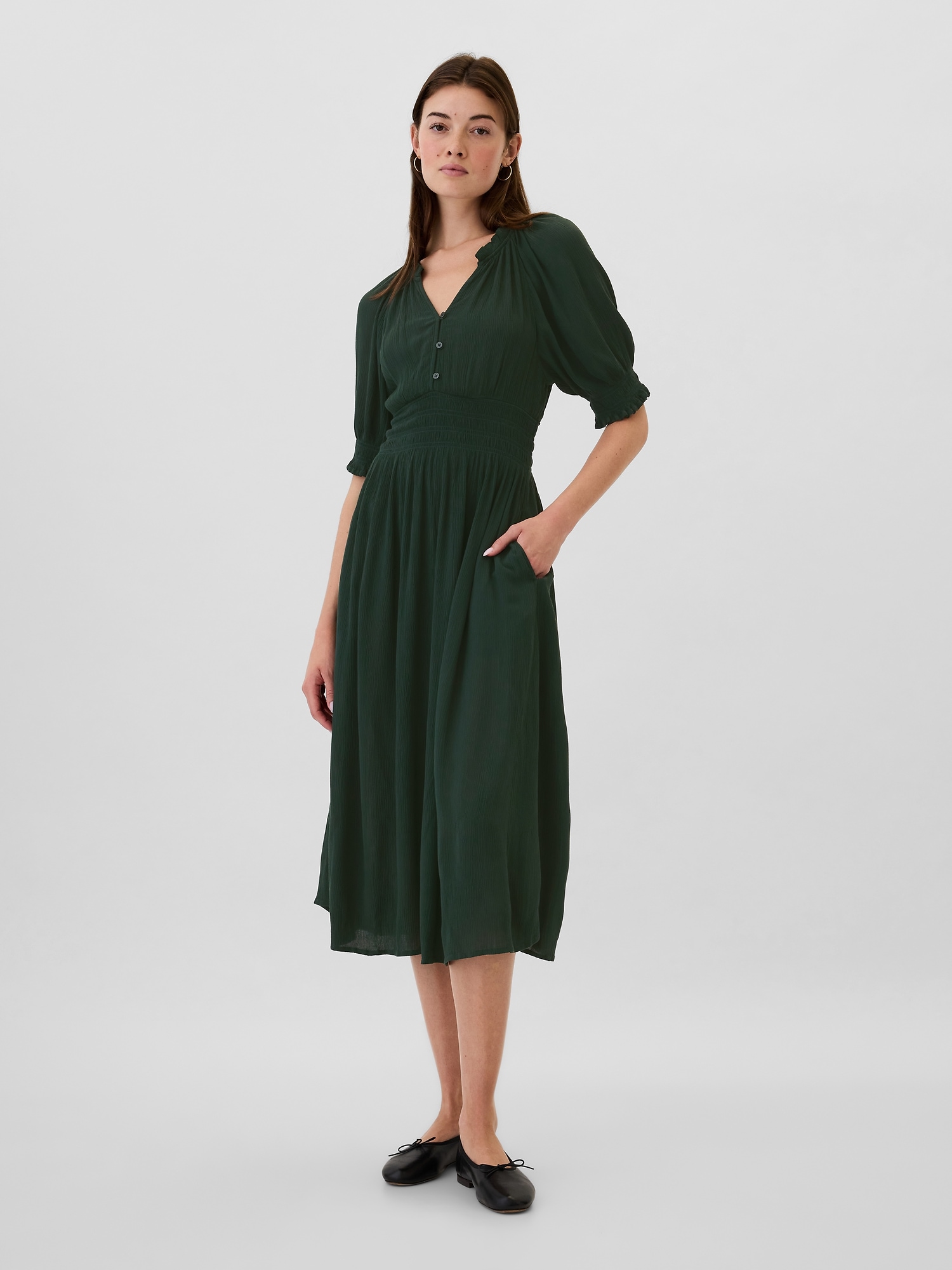 Smocked Splitneck Midi Dress