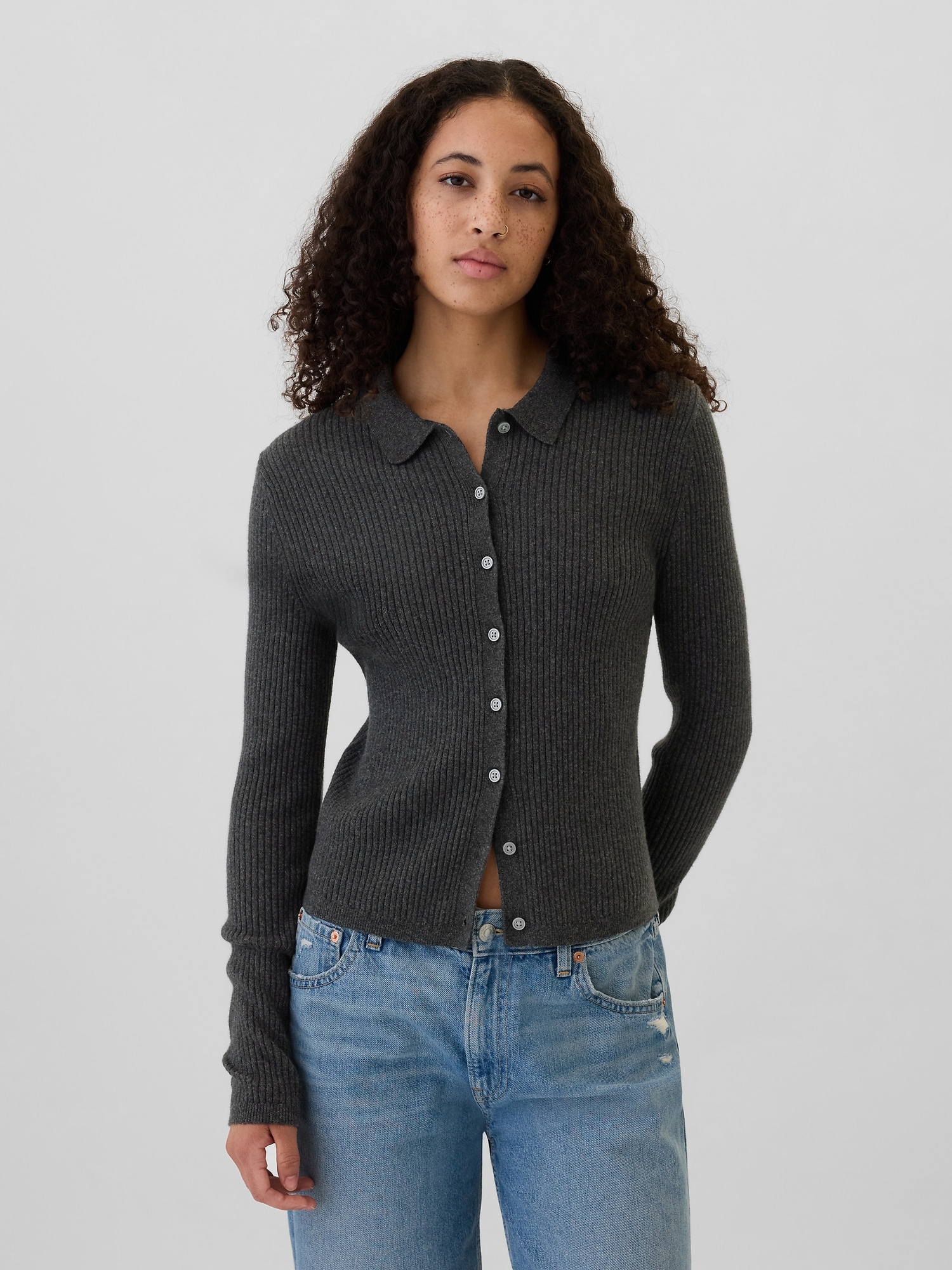 CashSoft Collared Button-Front Cardigan