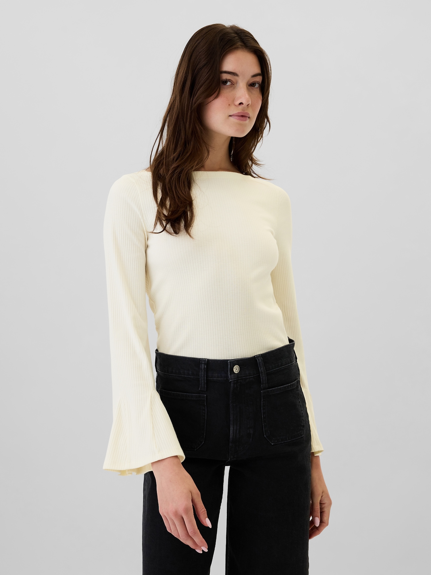 Ribbed Boatneck Bell Sleeve T-Shirt