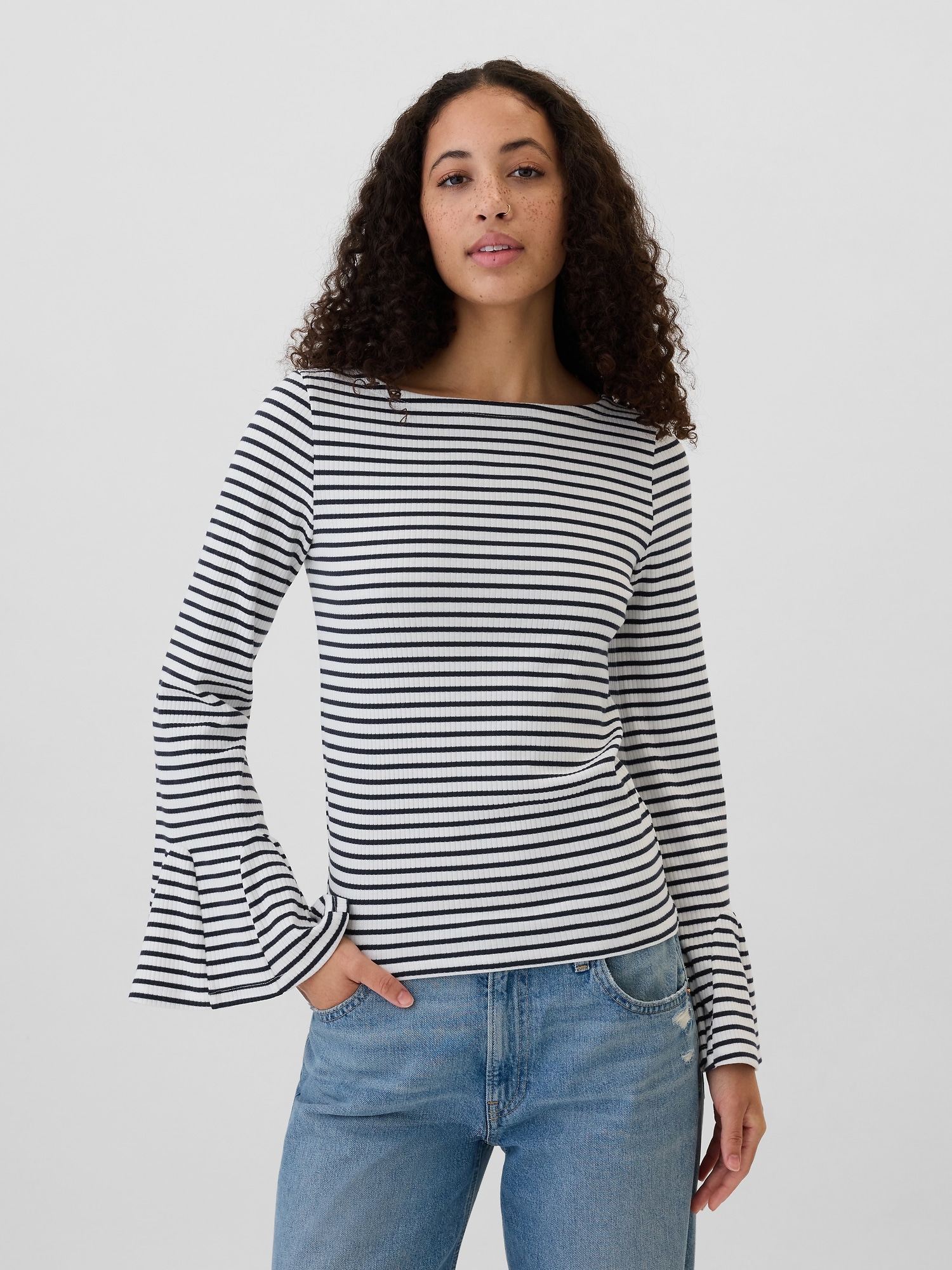 Ribbed Boatneck Bell Sleeve T-Shirt