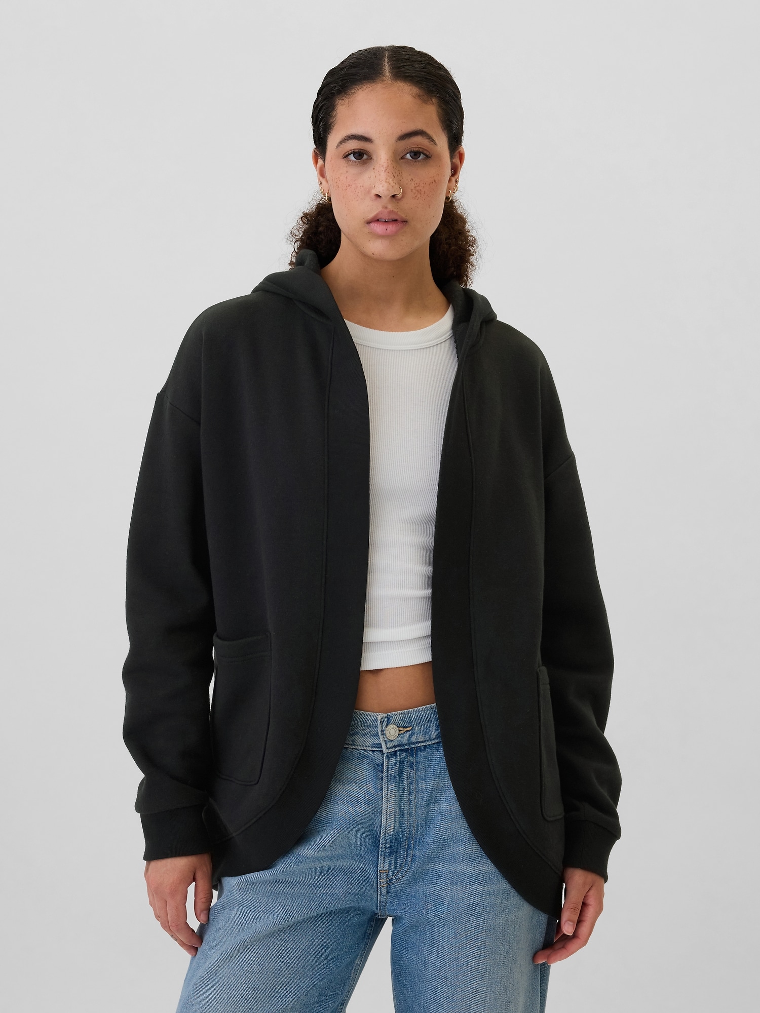 Relaxed Long Open-Front Hoodie