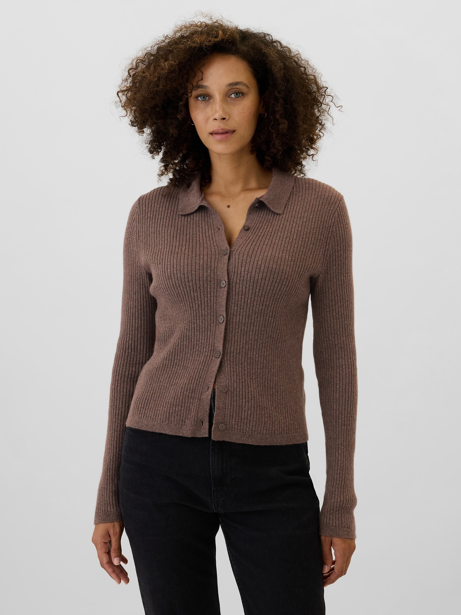 CashSoft Collared Button-Front Cardigan