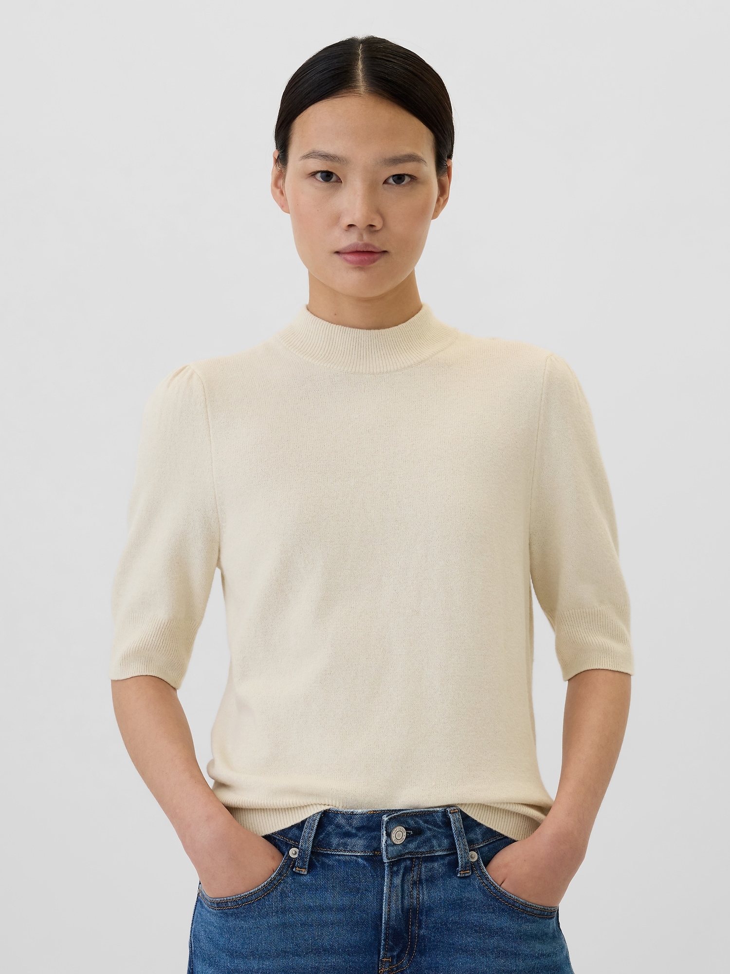 CashSoft Mockneck Puff Sleeve Sweater