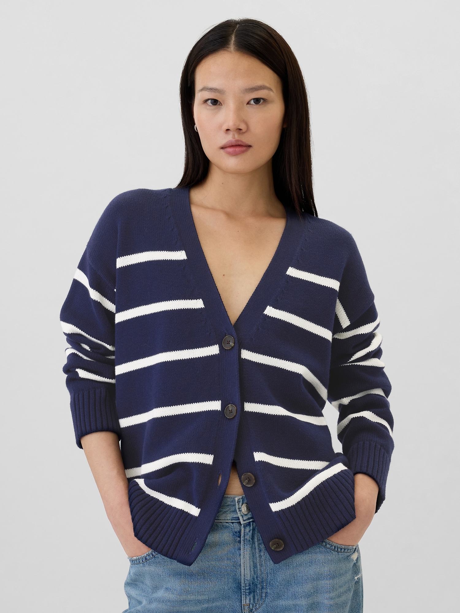 Relaxed V-Neck Button-Front Cardigan