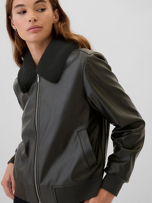 Image number 4 showing, Vegan-Leather Sherpa Bomber Jacket