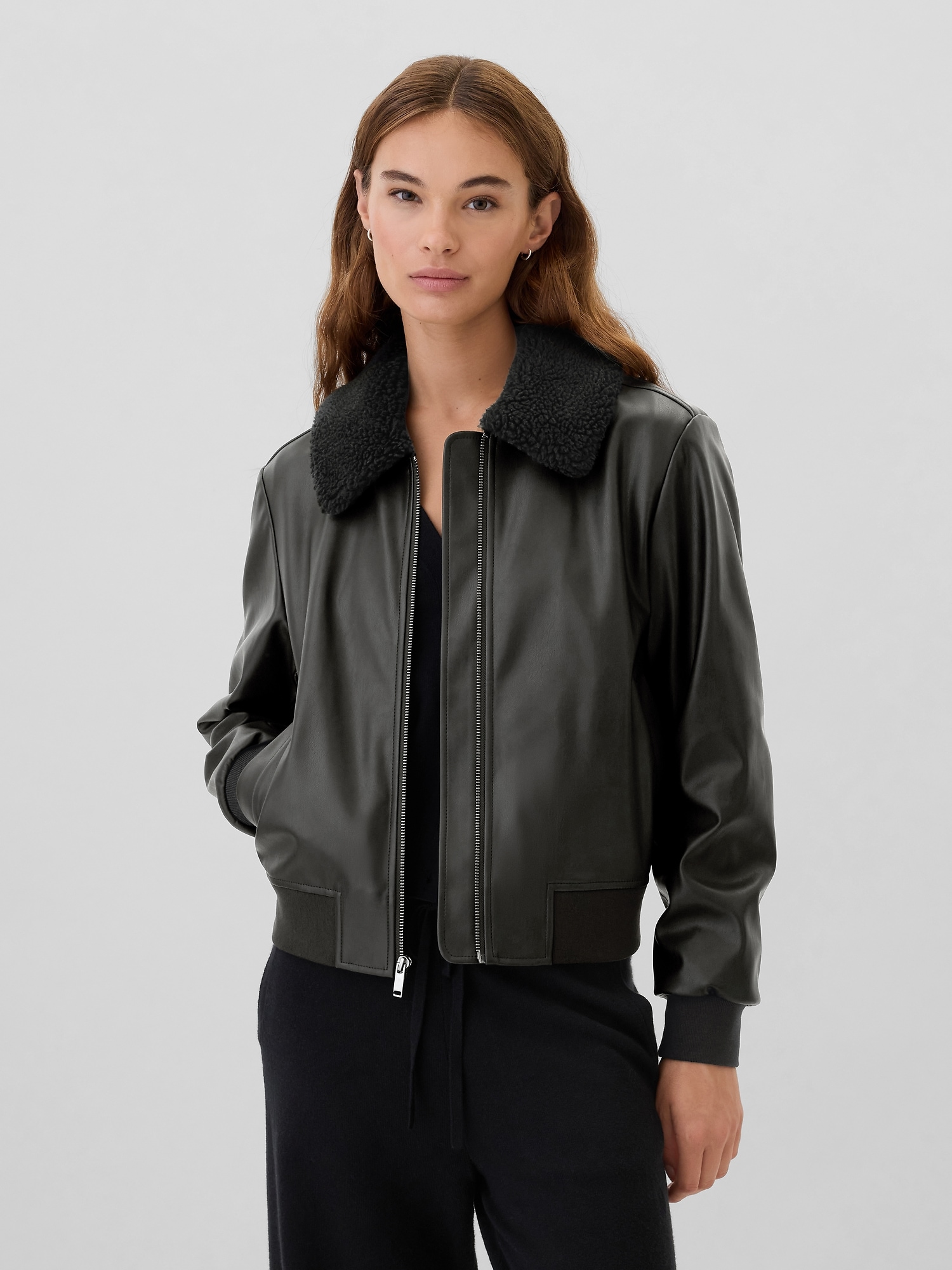 Vegan-Leather Sherpa Bomber Jacket