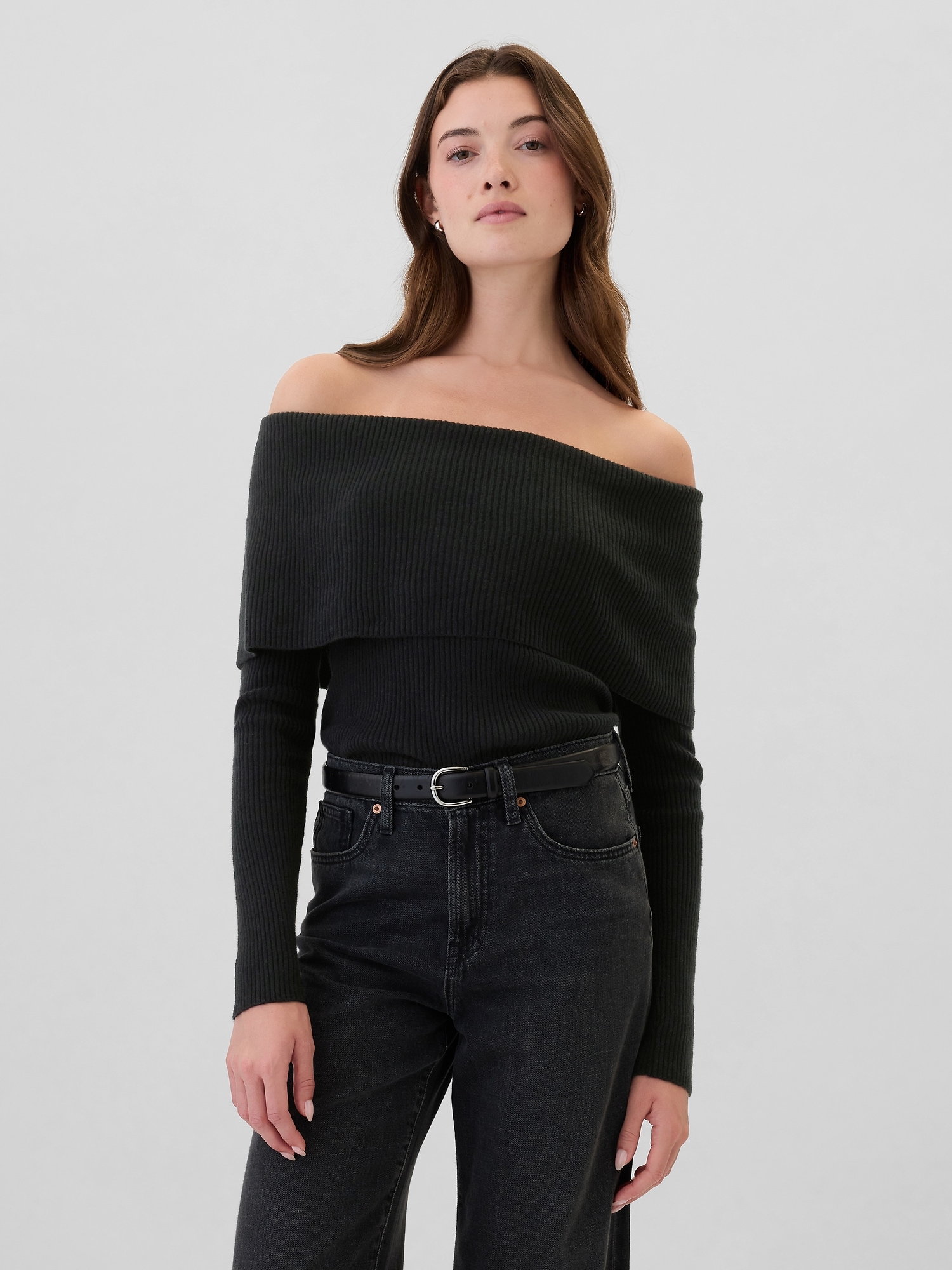 CashSoft Ribbed Off-Shoulder Sweater Top