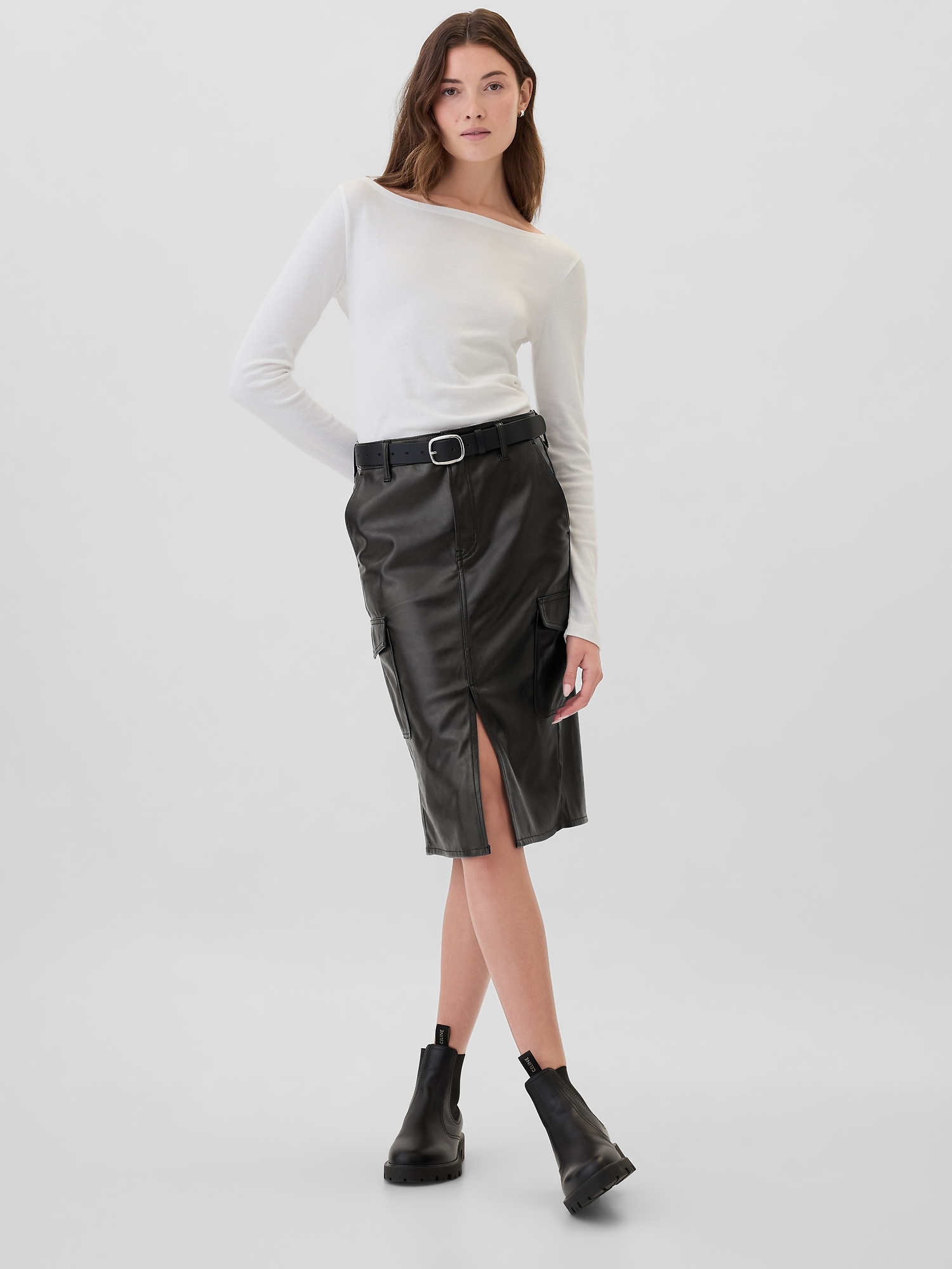 100% Recycled Vegan-Leather Midi Pencil Cargo Skirt