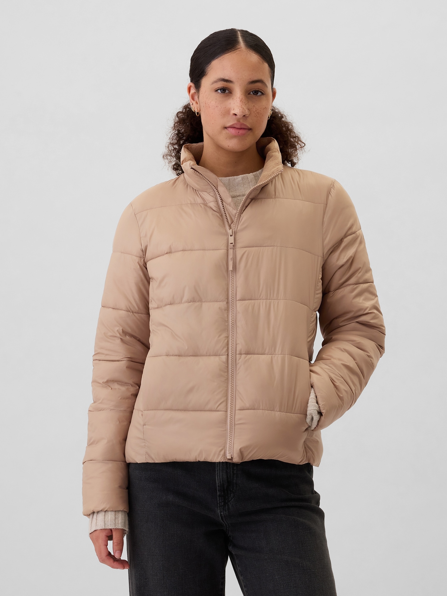 High collar puffer jacket best sale