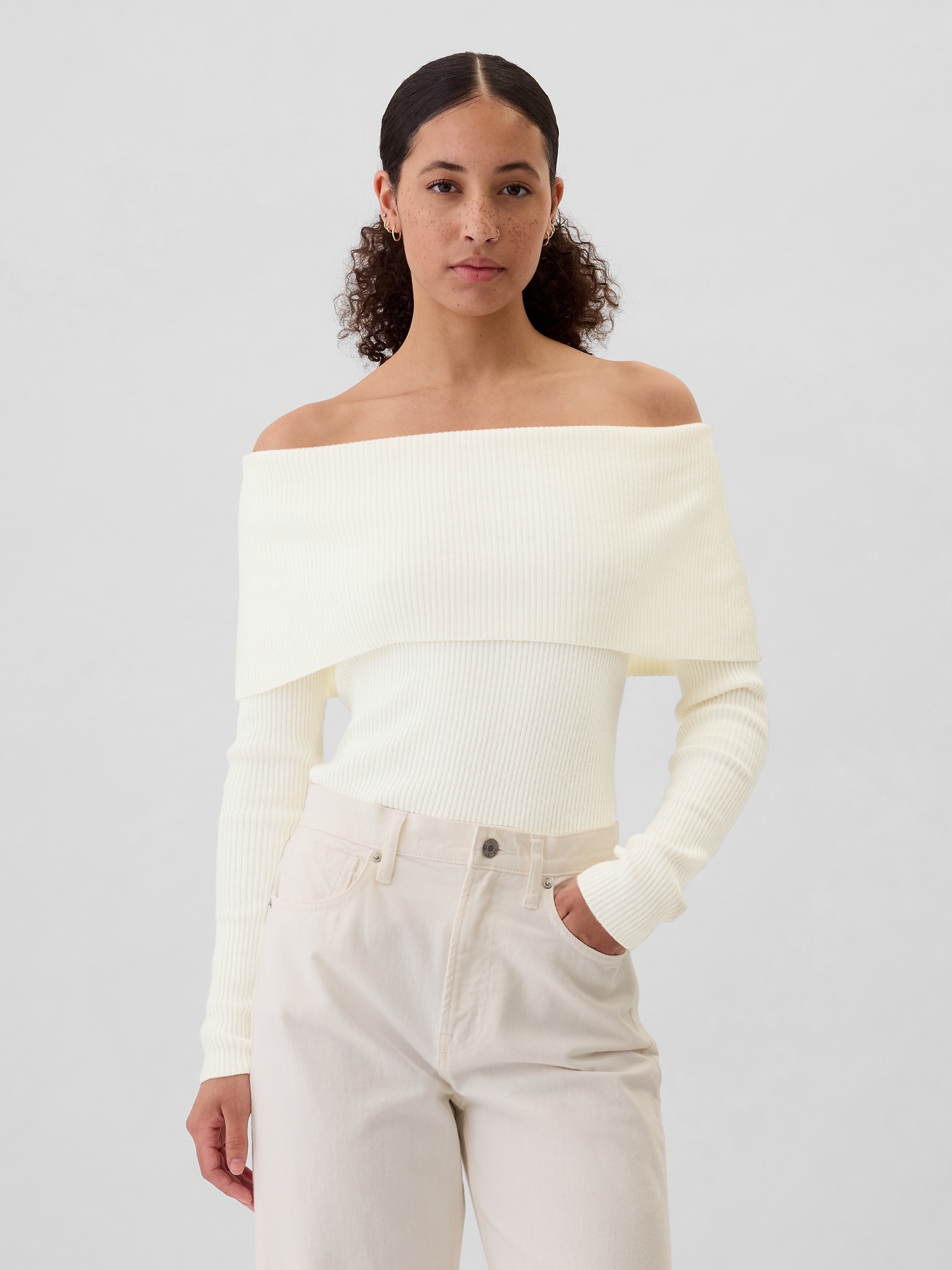 CashSoft Ribbed Off-Shoulder Sweater Top